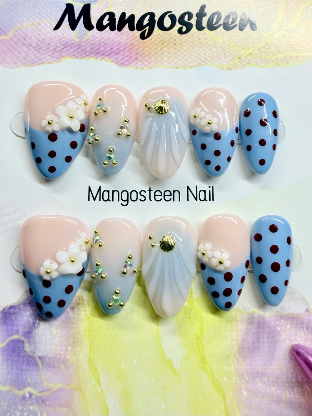 Mangosteen Nail Art Set in Blue and Nude with Floral Accents